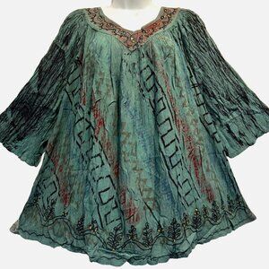 Nwt SACRED THREADS tie dye funky boho rayon hippy ruffled TUNIC TOP XL